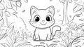 Cute Cat Sitting in Forest, Outline Drawing, Coloring Page for Kids Royalty Free Stock Photo