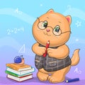 A cute cartoon cat with glasses and a waistcoat holding a pencil.