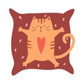 A cute cartoon cat with a heart on his stomach lies on a pillow with his paws spread out. A simple adorable character for