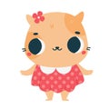Cute Cartoon Cat. Kawaii Kitten In Dress. Sweet Pet Animal Character. Vector Clip Art