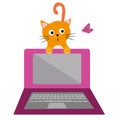 Cute cartoon cat and laptop vector illustration. Surprised ginger pet kitty is distracted by butterfly and interrupts