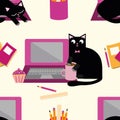 Cute cartoon cat and laptop vector seamless pattern background. Black feline interrupting business office work flow