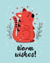 Cute cartoon cat with lettering on snow background. The Warm wishes phrase. Greeting card with funny character. Vector flat Royalty Free Stock Photo