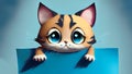 Cute Cartoon Cat Peaking around a Blue Piece of Paper, copy space