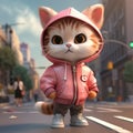 Cute Cartoon Cat In Pink Jacket And Sneakers - 3d Animation