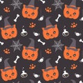 Cute cartoon cat pumpkin seamless vector halloween pattern background illustration with spider, web, paw print, potion and bones Royalty Free Stock Photo