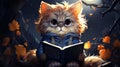 Cute Cartoon Cat Reading a Book with Space for Copy. Generative AI. Royalty Free Stock Photo