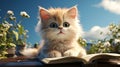 Cute Cartoon Cat Reading a Book with Space for Copy. Generative AI. Royalty Free Stock Photo