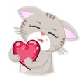 Cute cartoon cat with red heart. Funny lovely kitty in flat style.