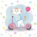 Cute cartoon cat is riding a scooter. Royalty Free Stock Photo