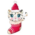 Cute cartoon cat in a Santa hat in a Christmas stocking. Winter 2023, Christmas and Chinese New Year. Royalty Free Stock Photo