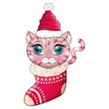 Cute cartoon cat in a Santa hat in a Christmas stocking. Winter 2023, Christmas and Chinese New Year. Royalty Free Stock Photo