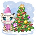 Cute cartoon cat in Santa's hat near the decorated Christmas tree. Winter 2023, Christmas and Chinese New Royalty Free Stock Photo