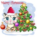 Cute cartoon cat in Santa's hat near the decorated Christmas tree. Winter 2023, Christmas and Chinese New Royalty Free Stock Photo