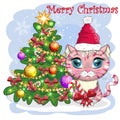 Cute cartoon cat in Santa's hat near the decorated Christmas tree. Winter 2023, Christmas and Chinese New Royalty Free Stock Photo