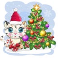 Cute cartoon cat in Santa's hat near the decorated Christmas tree. Winter 2023, Christmas and Chinese New Royalty Free Stock Photo