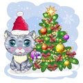 Cute cartoon cat in Santa's hat near the decorated Christmas tree. Winter 2023, Christmas and Chinese New Royalty Free Stock Photo