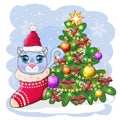 Cute cartoon cat in Santa's hat near the decorated Christmas tree. Winter 2023, Christmas and Chinese New Royalty Free Stock Photo