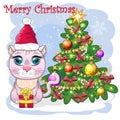 Cute cartoon cat in Santa's hat near the decorated Christmas tree. Winter 2023, Christmas and Chinese New Royalty Free Stock Photo