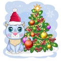 Cute cartoon cat in Santa's hat near the decorated Christmas tree. Winter 2023, Christmas and Chinese New Royalty Free Stock Photo