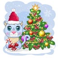 Cute cartoon cat in Santa's hat near the decorated Christmas tree. Winter 2023, Christmas and Chinese New Royalty Free Stock Photo