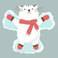 A cute cartoon cat in a scarf and mittens lies in the snow. Vector isolated winter illustration. Royalty Free Stock Photo