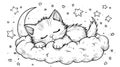 Sleeping Cat on Cloud, Moon, and Stars, Line art Royalty Free Stock Photo