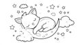 Cute Kitten Sleeping on Crescent Moon Surrounded by Stars and Clouds Royalty Free Stock Photo