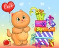 Cute cartoon cat with a snail, colorful gifts and a red balloon.