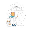 Cute cartoon cat, umbrella, rain and puddles. Royalty Free Stock Photo