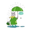 Cute cartoon cat, umbrella, rain and puddles. Royalty Free Stock Photo