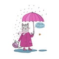 Cute cartoon cat, umbrella, rain and puddles. Royalty Free Stock Photo