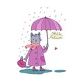 Cute cartoon cat, umbrella, rain and puddles. Royalty Free Stock Photo