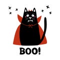 Cute cartoon cat wear vampire costume with fangs, horns and red cloak. Doodle cross elements and boo word. Halloween greeting card Royalty Free Stock Photo