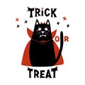 Cute cartoon cat wear vampire costume with fangs, horns and red cloak. Doodle crosses and Trick or treat lettering. Halloween Royalty Free Stock Photo