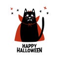 Cute cartoon cat wear vampire costume with fangs, horns and red cloak. Doodle cross elements and Happy Halloween lettering. Royalty Free Stock Photo