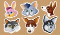 Cute Cartoon Cats Muzzle Vector Set. Rabbit, Dogs, Cats. Animal Heads Collection