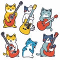 Cute cartoon cats playing guitars, colorful music illustration isolated white background. Six