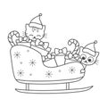 cute cartoon cats in the sleigh black and white vector holidays christmas illustration for coloring art Royalty Free Stock Photo