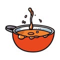 Cute cartoon cauldron boiling soup with fresh vegetables