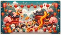 Cute cartoon celebrating Chinese New Year feature traditional symbols of the festival such as red lanterns dragons and cherry