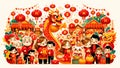 Cute cartoon celebrating Chinese New Year feature traditional symbols of the festival such as red lanterns dragons and cherry