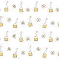 Cute cartoon chamomile tea bags seamless vector pattern background illustration