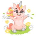 Cute cartoon character baby unicorn on a meadow vector Royalty Free Stock Photo