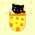 Cute cartoon character black kitten in a pocket. Doodle character