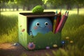 cute cartoon character with box of crayons, drawing in beautiful nature scene Royalty Free Stock Photo