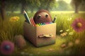 cute cartoon character with box of crayons, drawing in beautiful nature scene Royalty Free Stock Photo