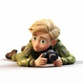 Cute Cartoon Character In Camouflage Military Uniform With Camera
