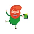 Cute cartoon character of a cheerful man with red hair and a glass of green beer. St. Patrick`s Day. Flat style. Vector Royalty Free Stock Photo