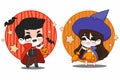 Cute Cartoon Character or Chibi for Halloween Party in Vampire and Witch Costume Set Couple Royalty Free Stock Photo
